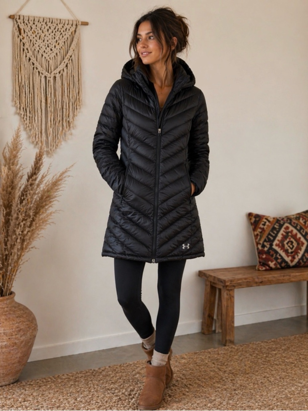 Under Armour Black Chevron Quilted Hooded Packable Puffer